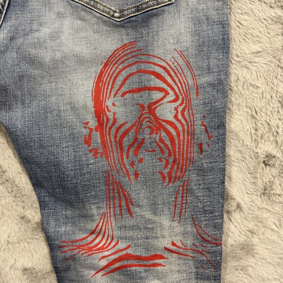 Crysp Denim Jeans Mens 42 Graffiti Art Graphic Distressed Pants Written Indigo 4 - Picture 12 of 16